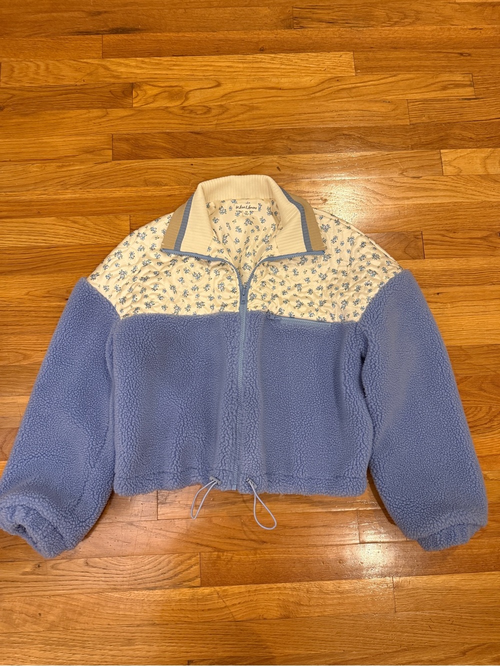 For Love & Lemons blue Sherpa Bomber Jacket with Cream Floral Yoke